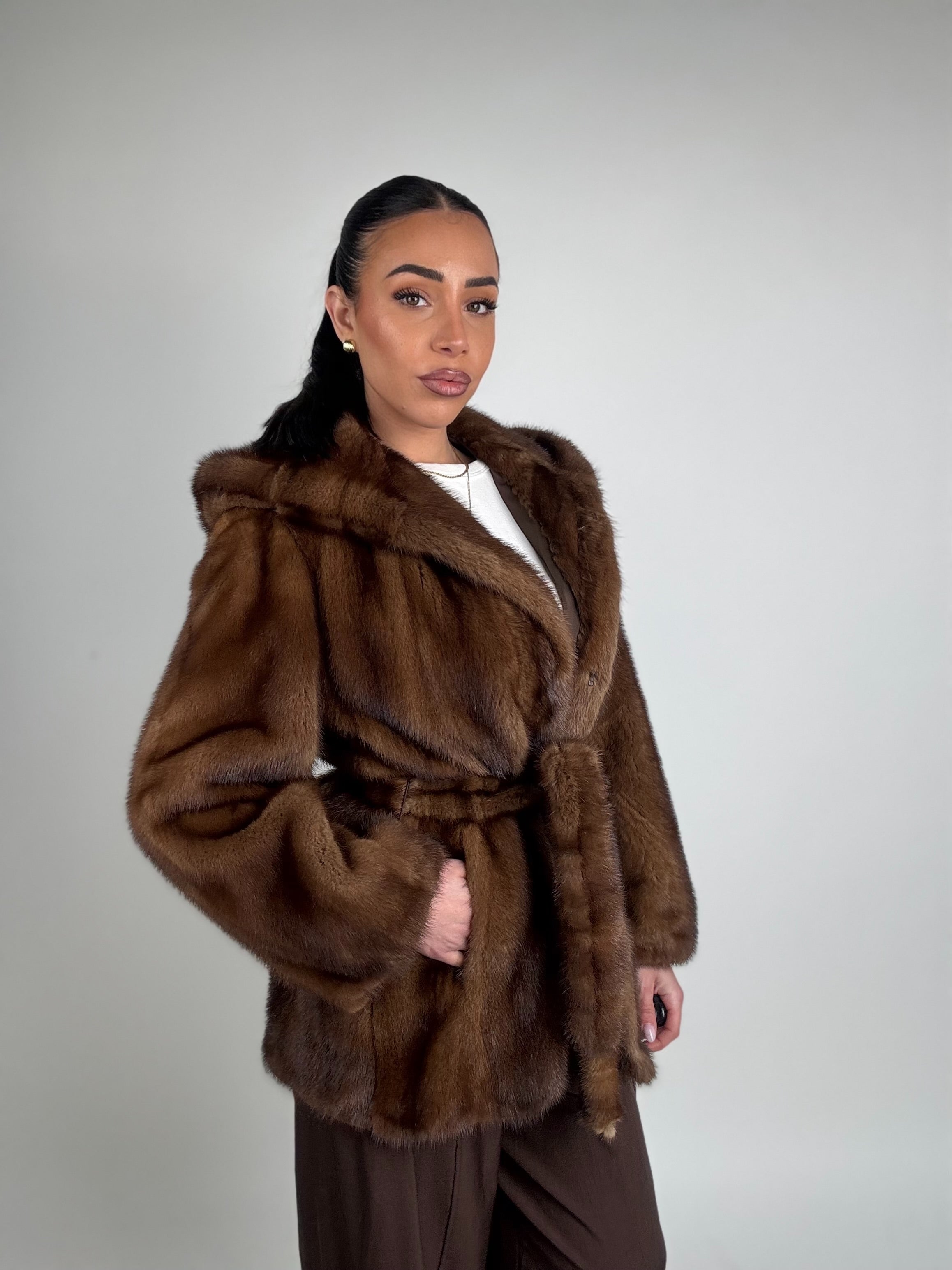 Mink jacket with belt and hood