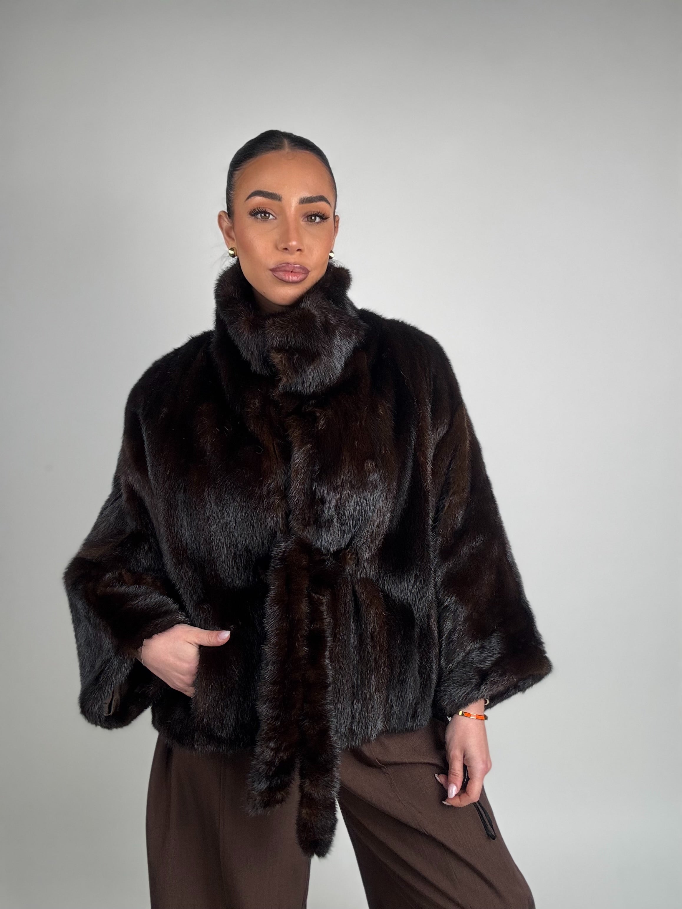 Mink jacket with belt and hood