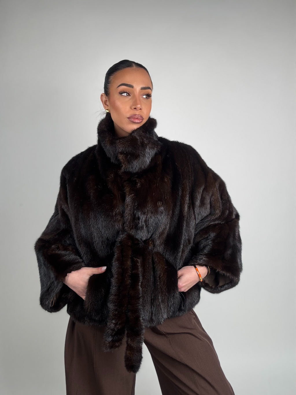 Mink jacket with belt and hood