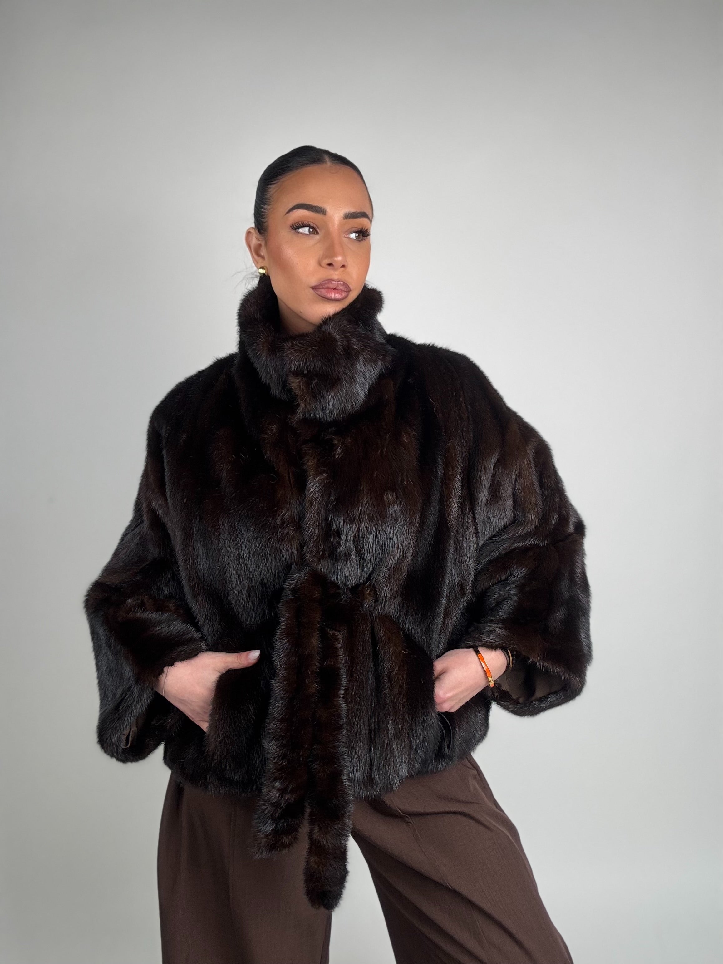 Mink jacket with belt and hood