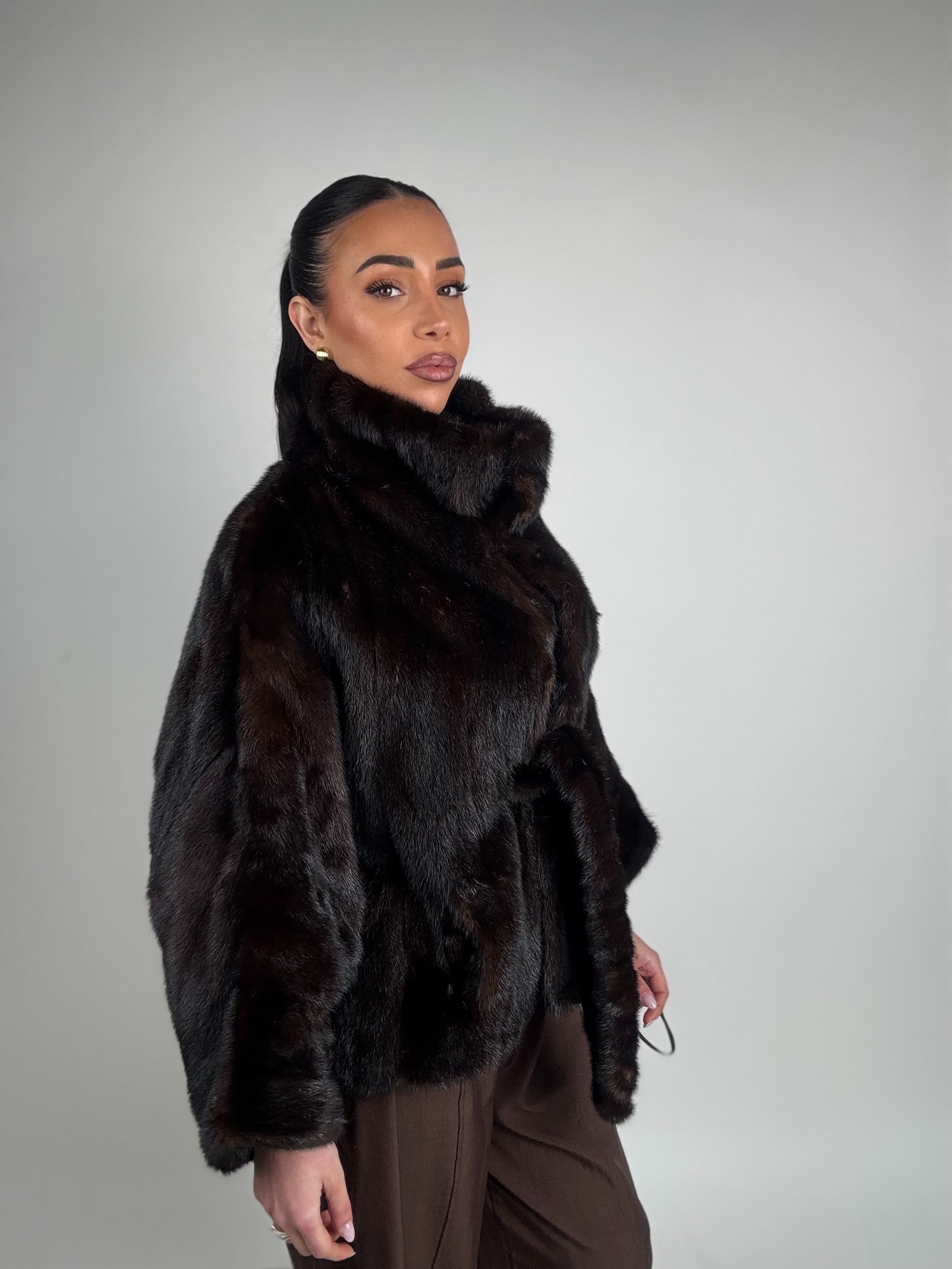 Mink jacket with belt and hood