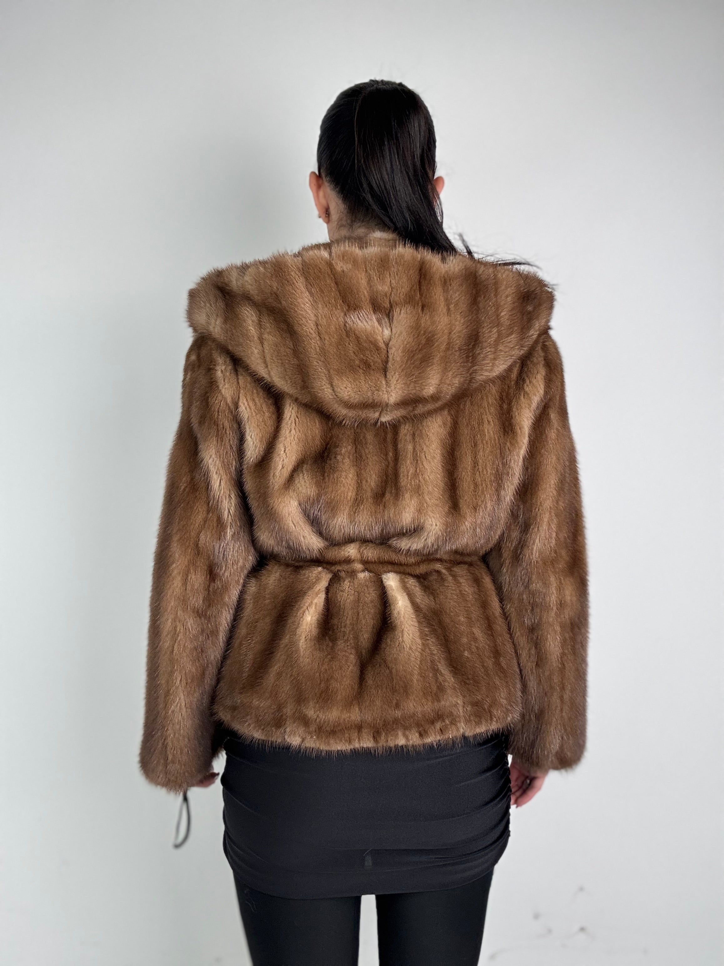 Mink jacket with belt and hood