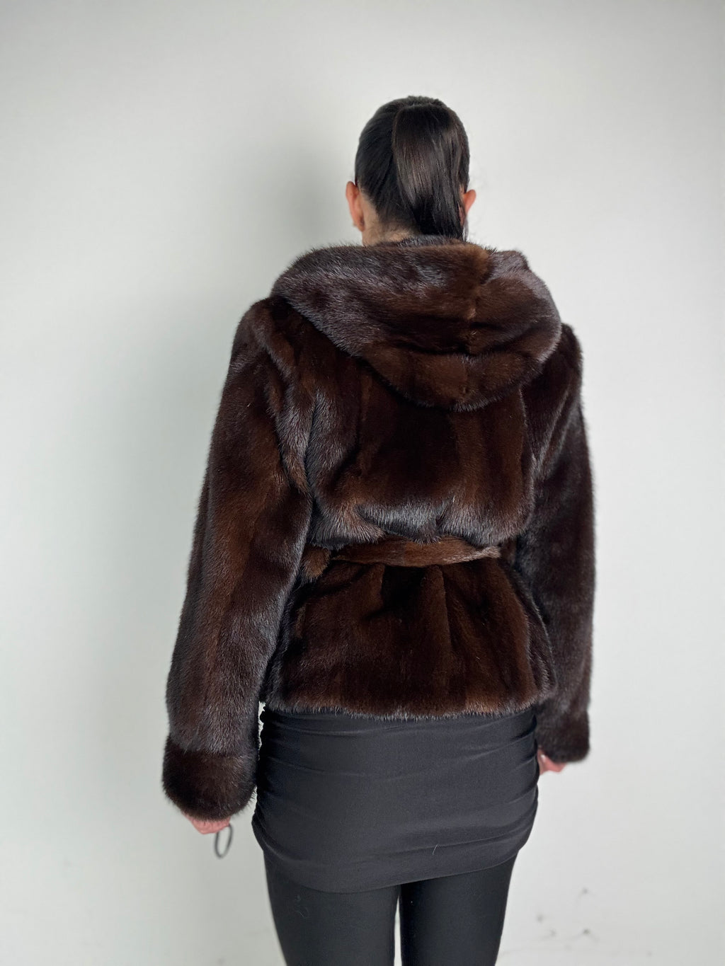 Mink jacket with belt and hood