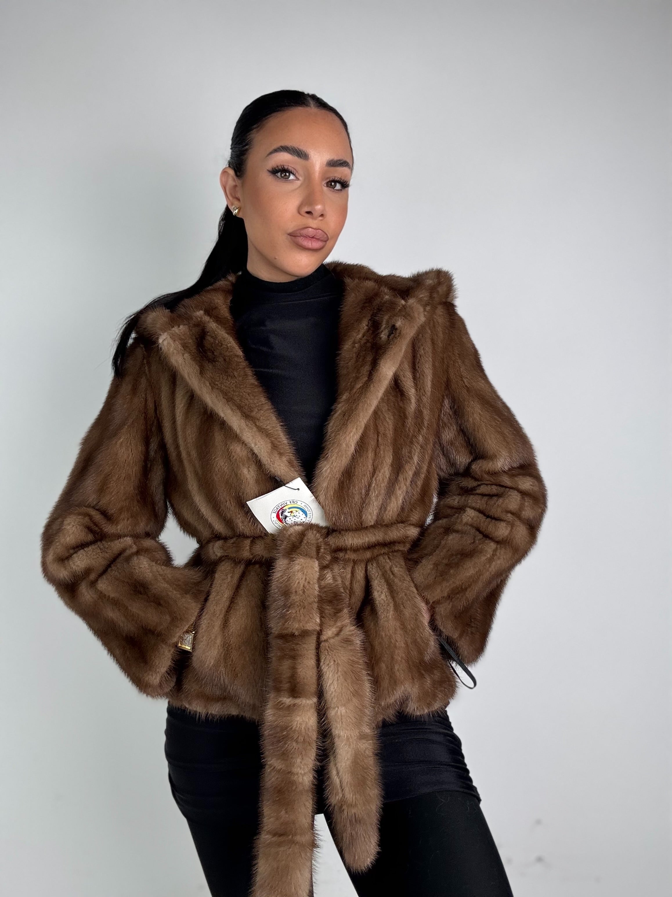 Mink jacket with belt and hood