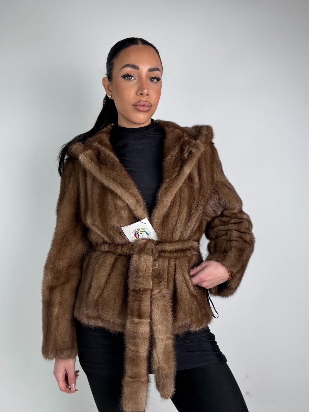 Mink jacket with belt and hood