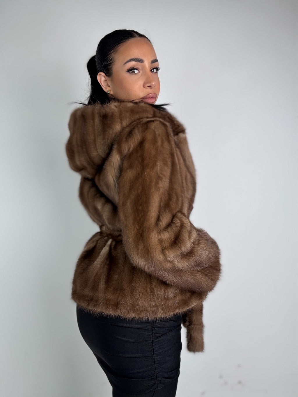 Mink jacket with belt and hood