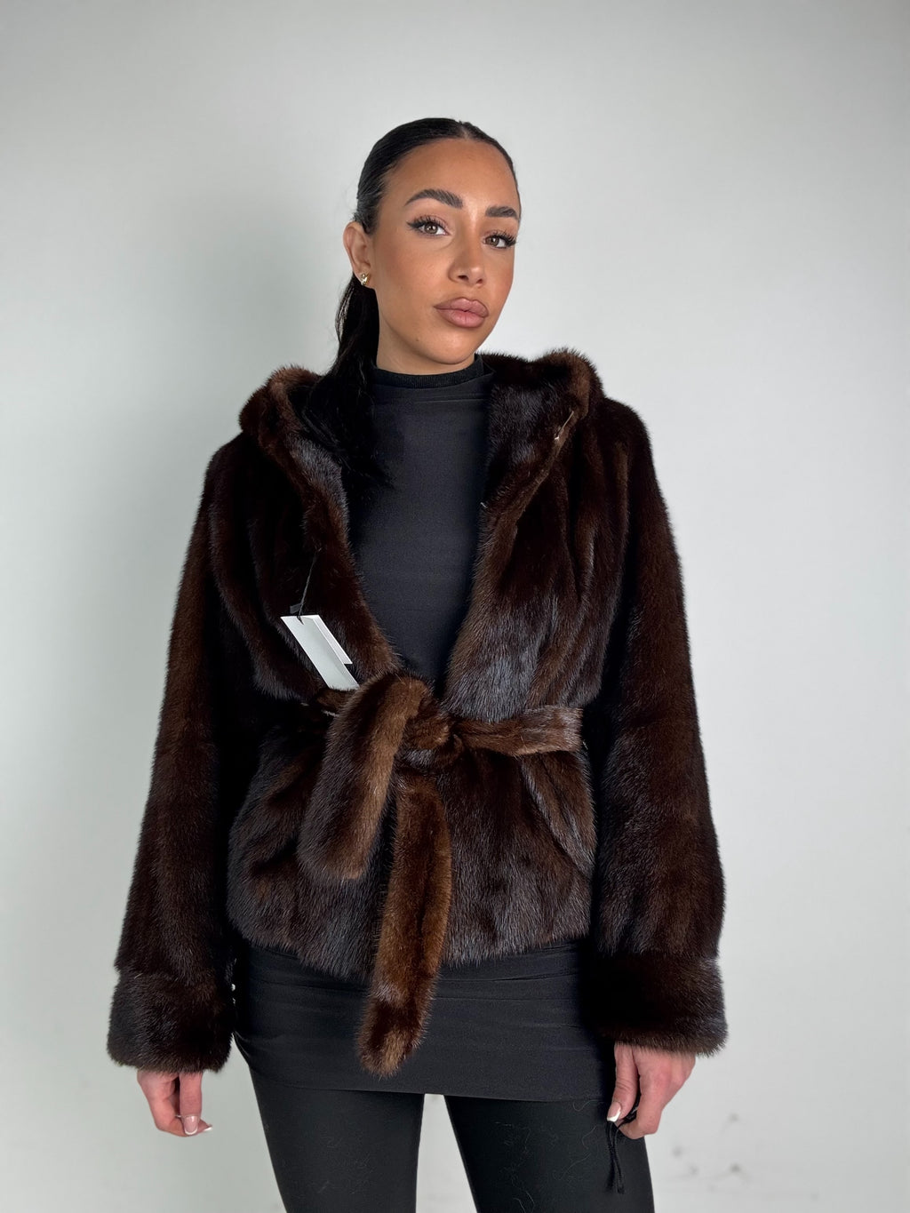 Mink jacket with belt and hood