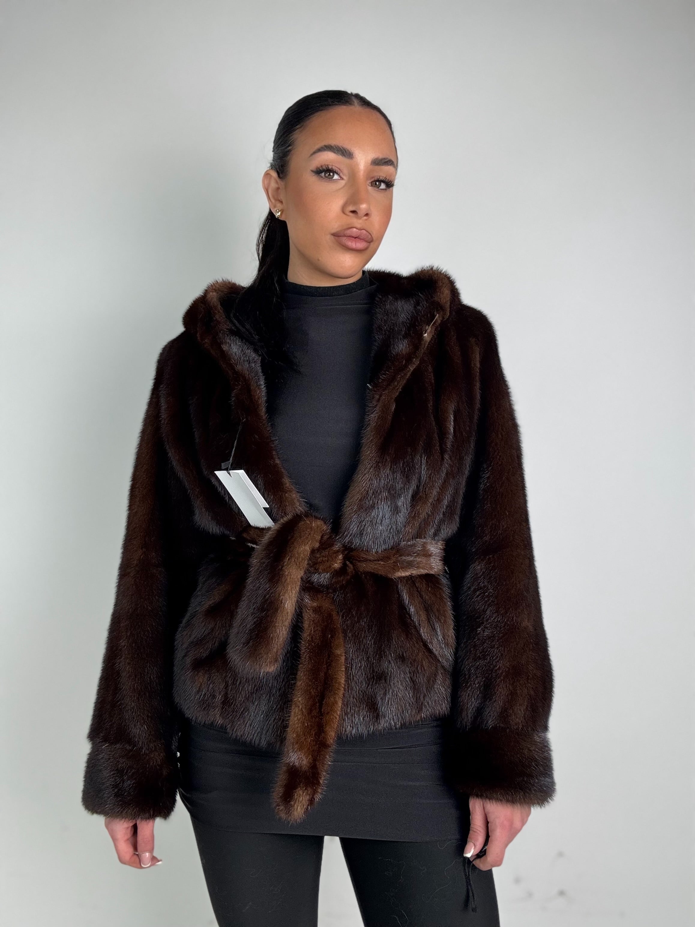 Mink jacket with belt and hood