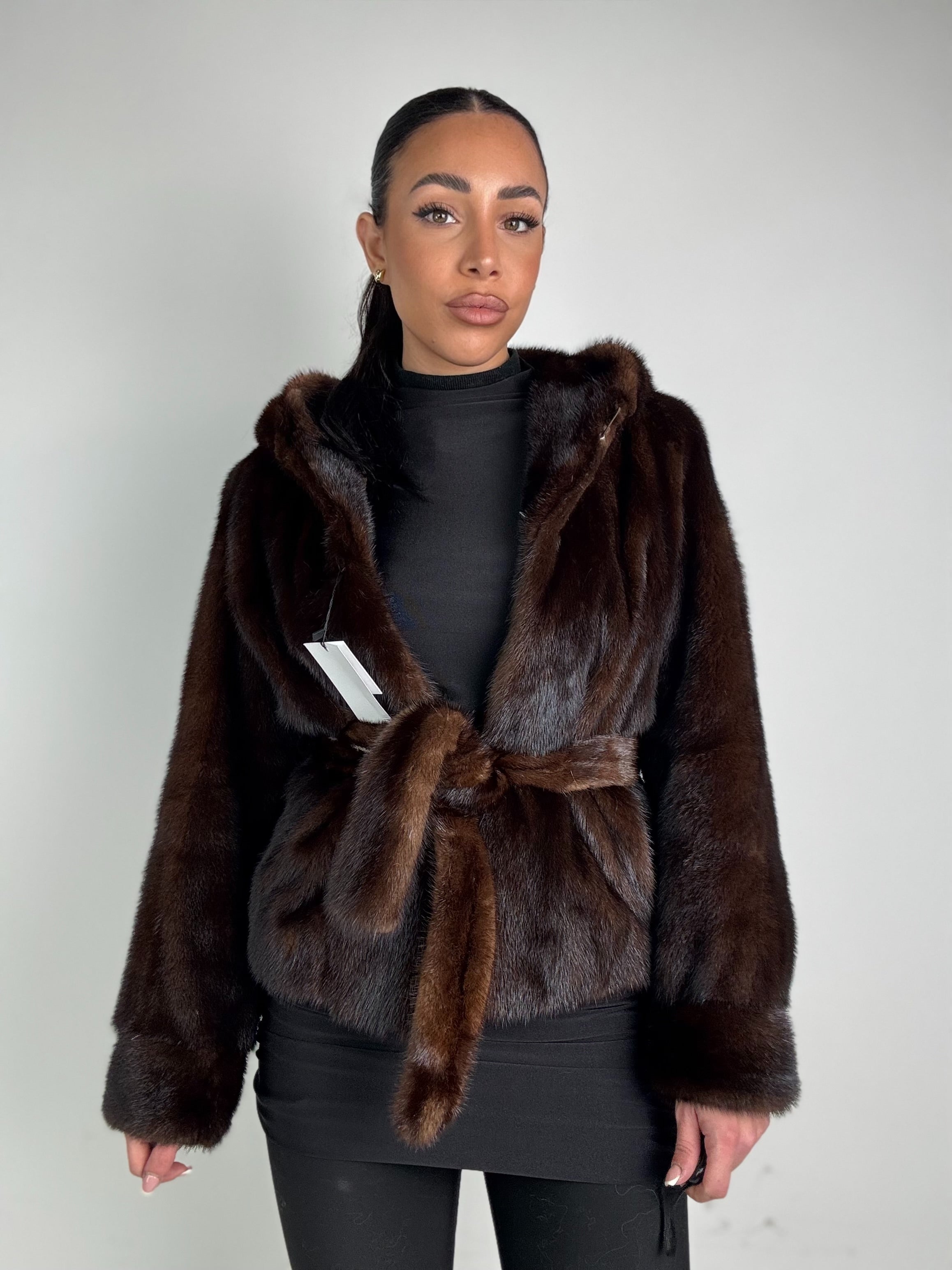 Mink jacket with belt and hood