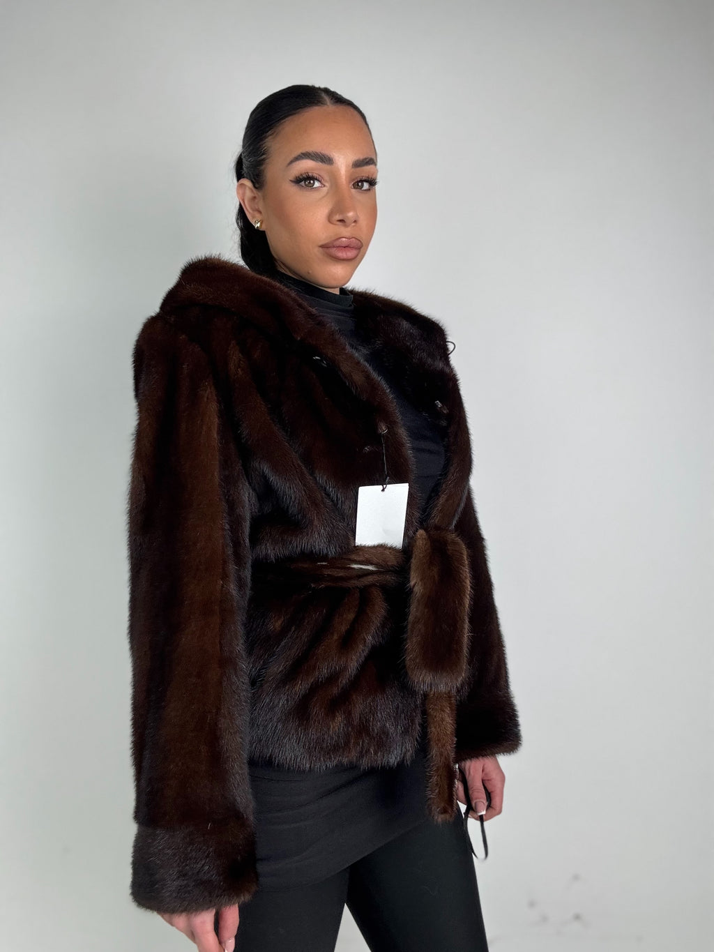 Mink jacket with belt and hood
