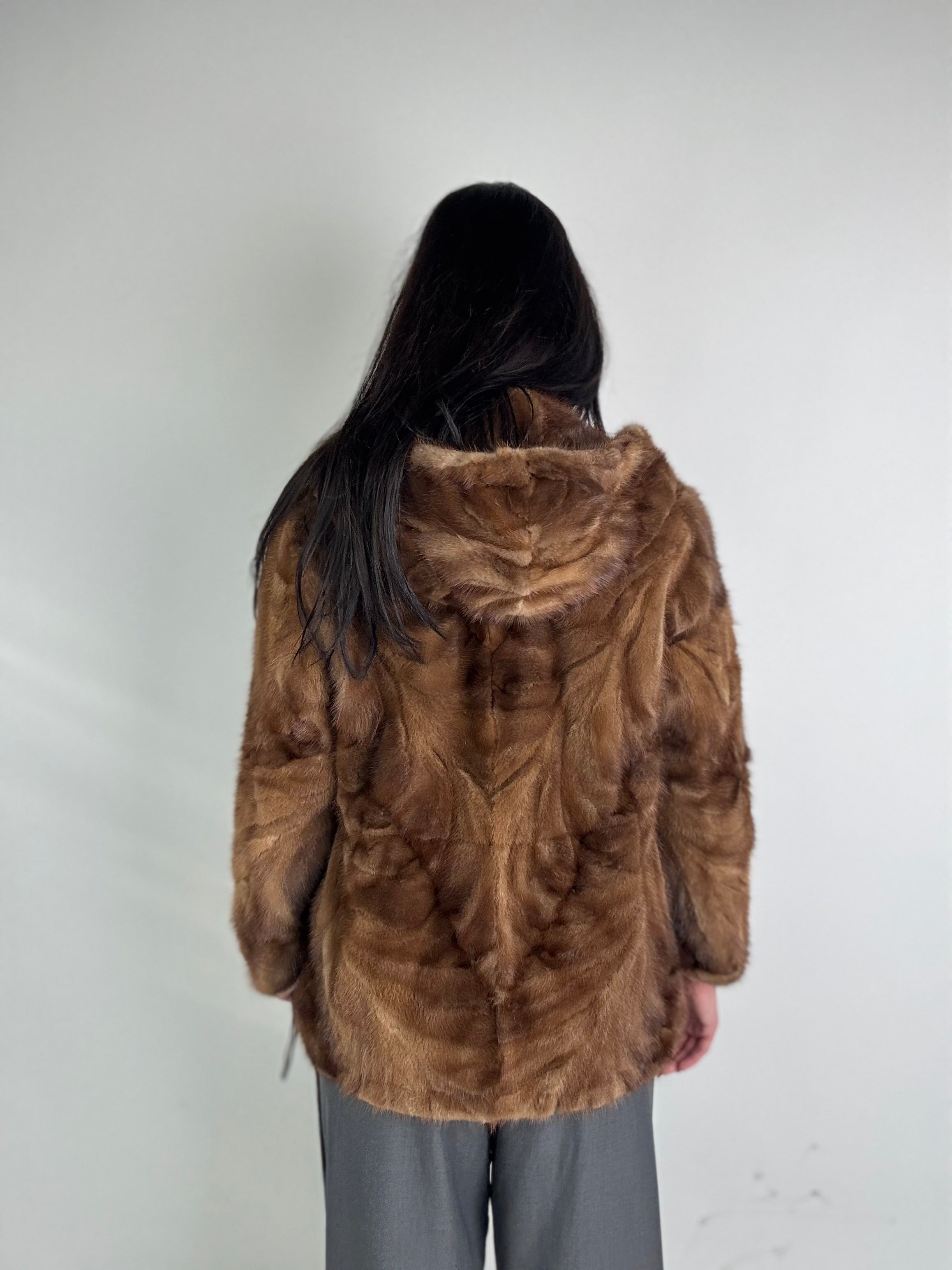 Mink jacket with belt and hood