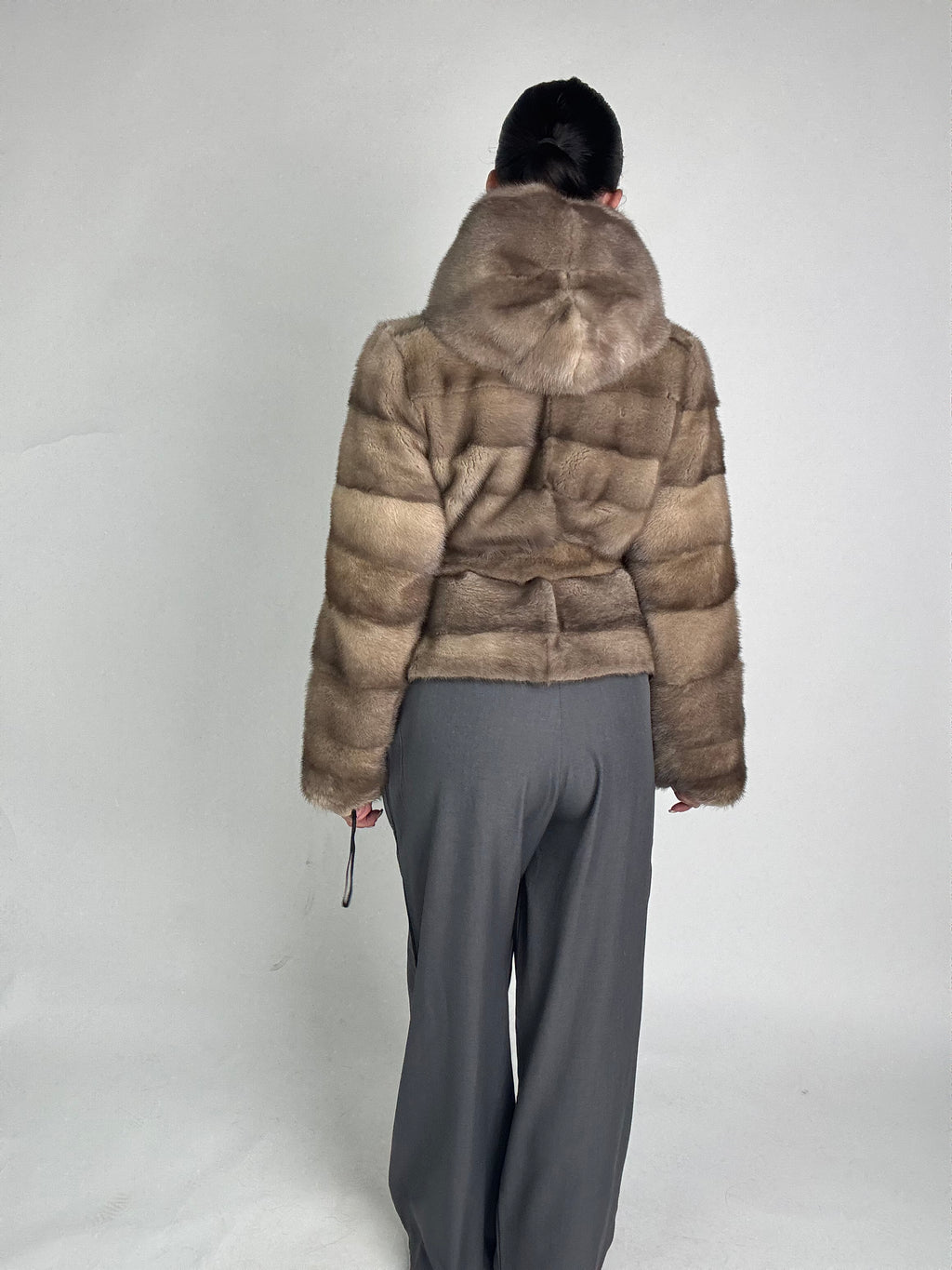 Mink jacket with belt and hood
