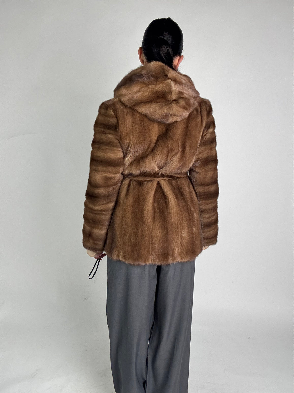 Mink jacket with belt and hood