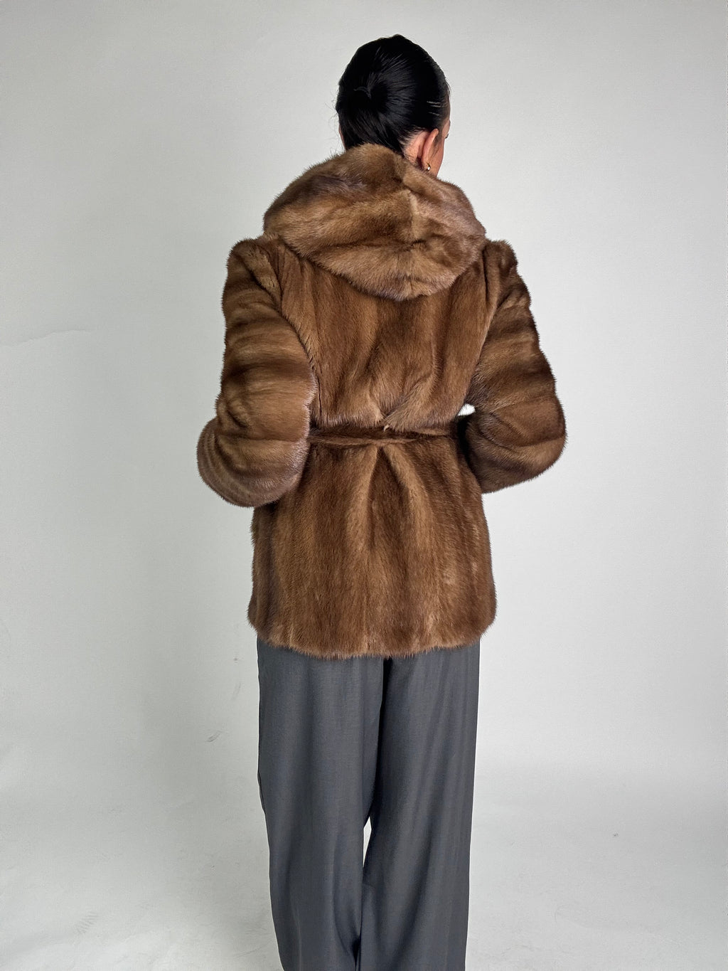 Mink jacket with belt and hood