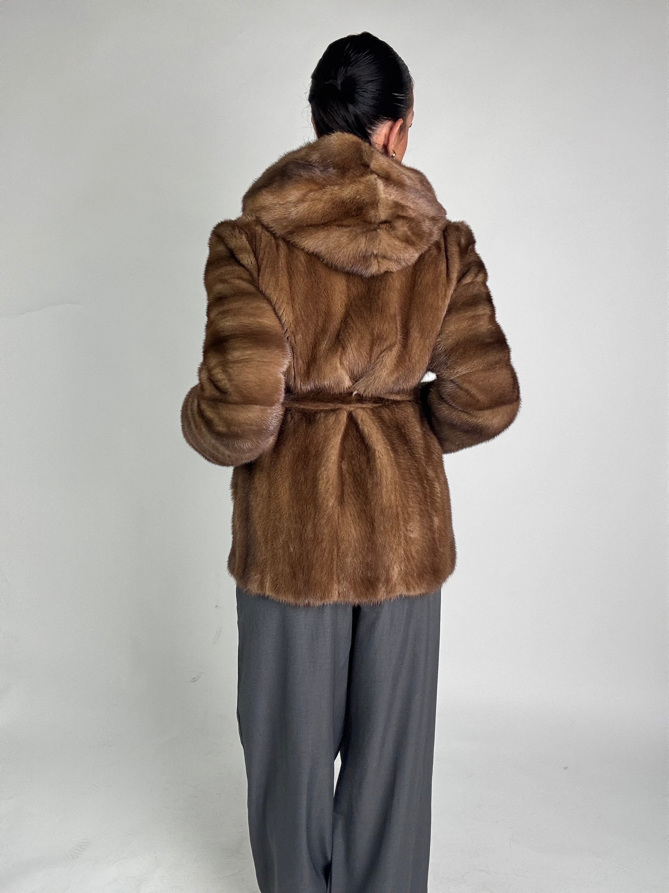 Mink jacket with belt and hood
