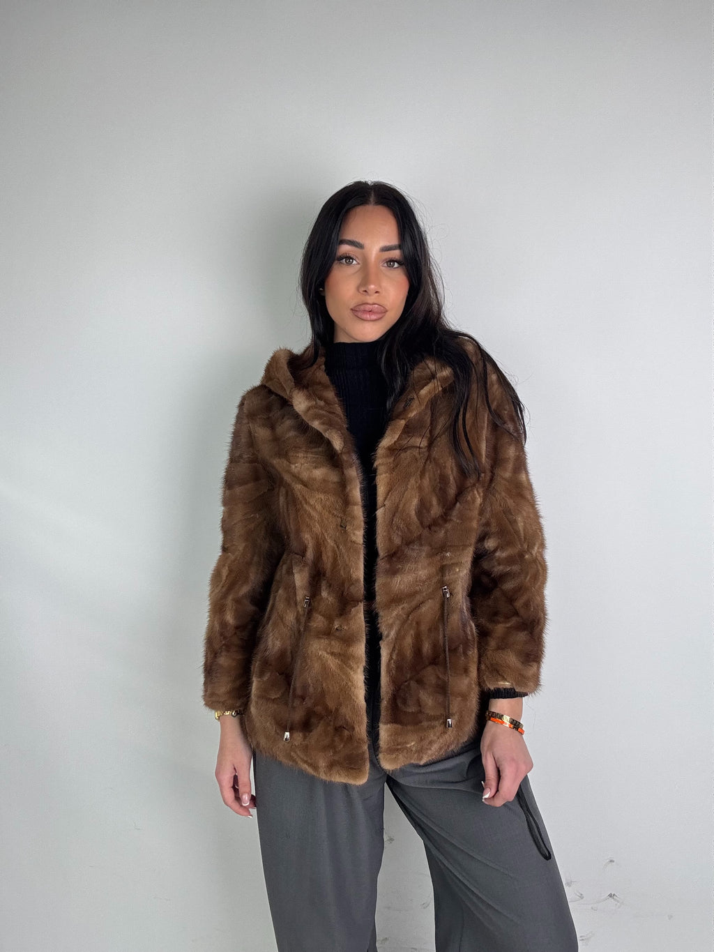 Mink jacket with belt and hood