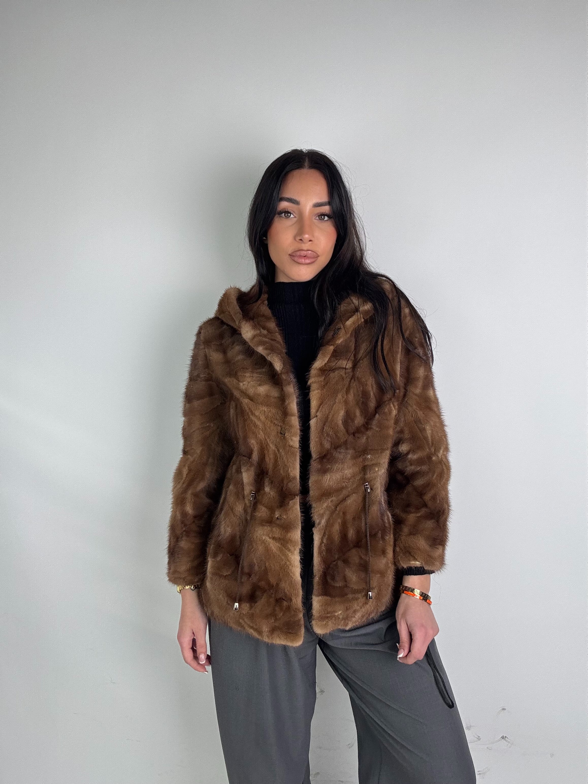 Mink jacket with belt and hood