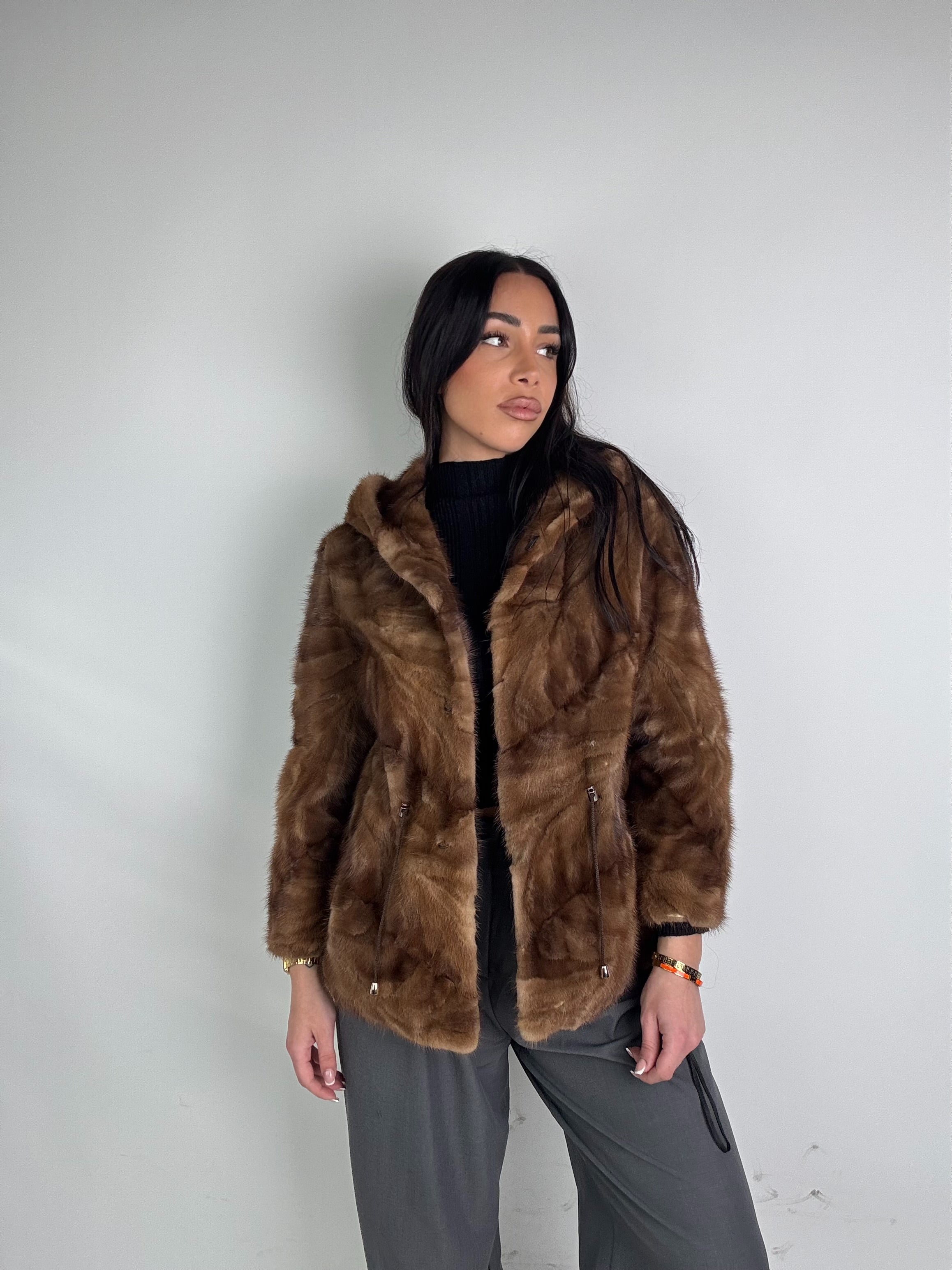 Mink jacket with belt and hood