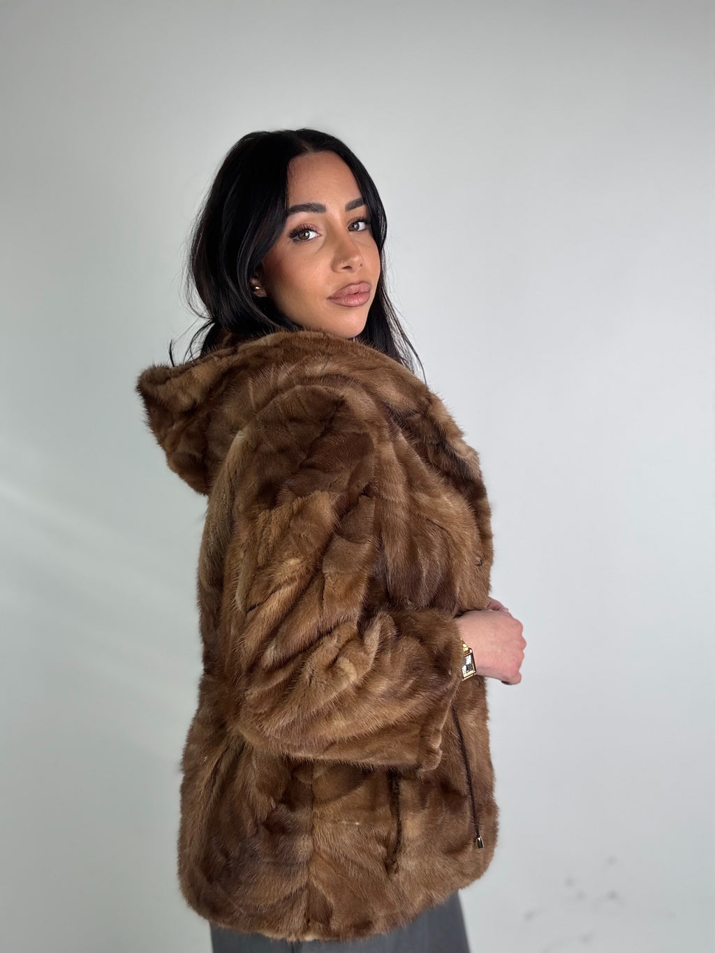Mink jacket with belt and hood