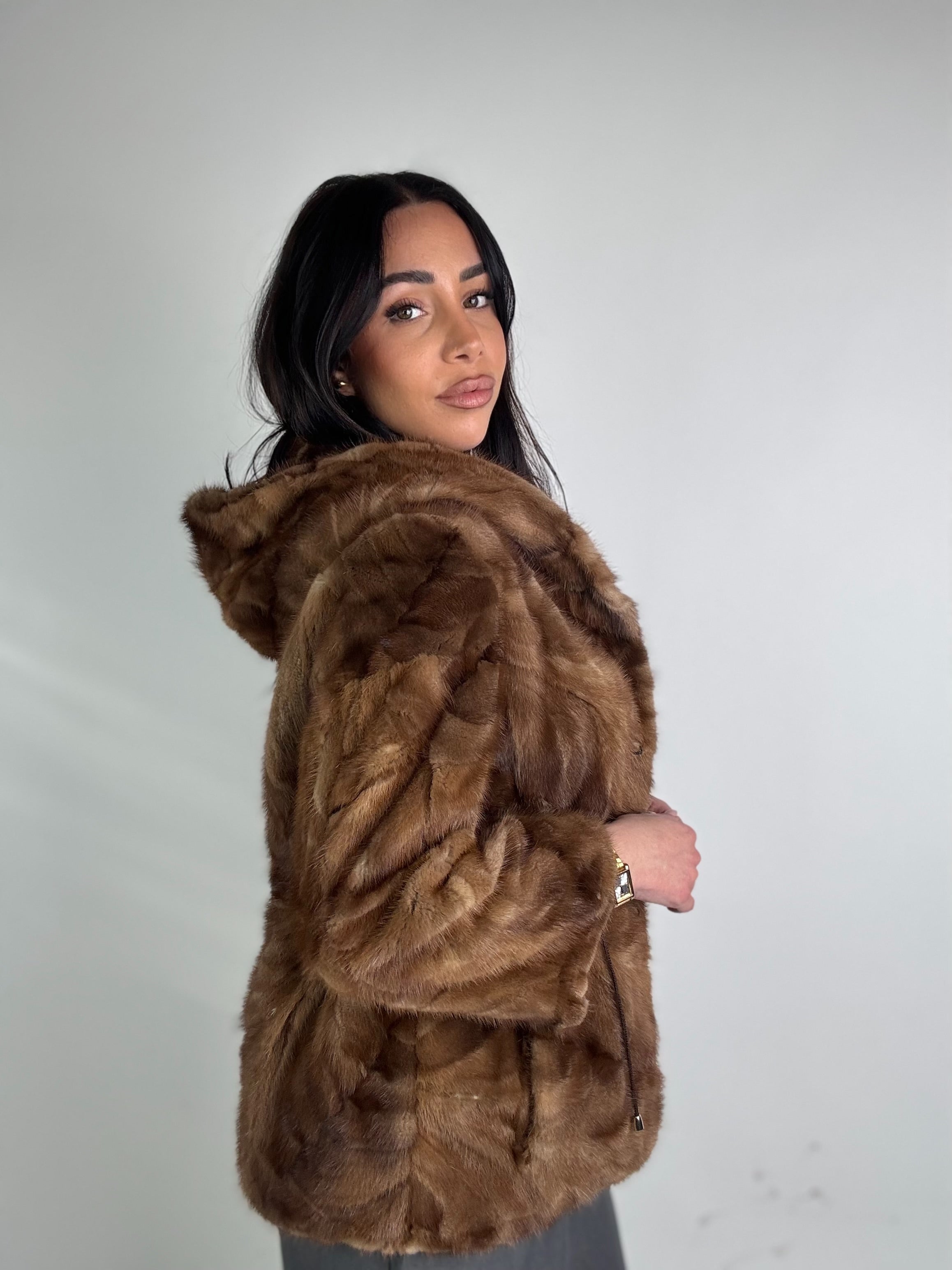 Mink jacket with belt and hood