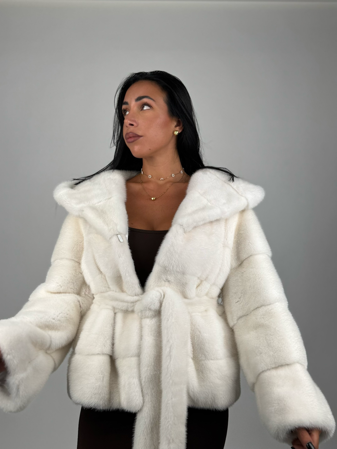 Mink jacket with belt and hood